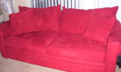 Like New Bright Red Microfiber Sofa and Loveseat!
Moving out of state so all furniture must go. Set Purchased for $1800 from Macy's and Include 6 Throwpillows of same color and material.
Microfiber material cleans easy. Each throw pillow has zipper