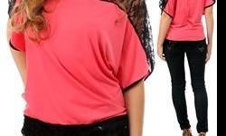 http://lamodema.com
Coral Plus Size Top With Lace Top Half And Bottom Trim
Size XL,2X,3X