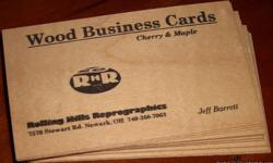 We are printers of wood business cards.&nbsp; Maple and cherry in stock. 1 side only.&nbsp; 50 for $30+2.50 shipping.
&nbsp;
Rolling Hills Reprographics
7570 Stewart Rd Newark, OH 43055
