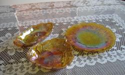 3 piece&nbsp;yellow carnival glass plate and 2 bowls.&nbsp; $20. each or $50.00 for the set.&nbsp;These have never been used.